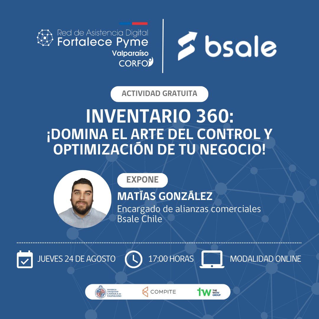 ¡Aprende a controlar tu inventario y analizar tus ventas con <a href="/bsalechile/">Bsale Chile</a>!📊🙌

Participa en un nuevo taller #FPymeValparaíso, en el que descubrirás cómo el control de inventario puede acelerar el crecimiento de tu empresa

🗓Jueves 24/8, 17 hrs
Inscríbete: bit.ly/TallerFPyme-BS…