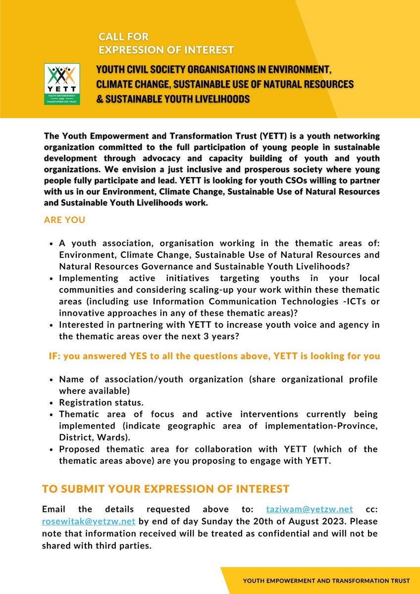Opportunity Alert 📍

Youth Civil Society Organisations -Call for Expression for Organizations in 
Environment, Climate Change, Sustainable Use of Natural Resources &amp; Sustainable Youth Livelihoods.