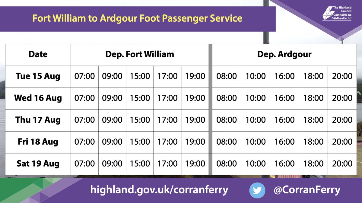 Corran Ferry passenger service update – Wednesday 16 August. Please click the link provided for further details - ow.ly/MRxU50PzVAE