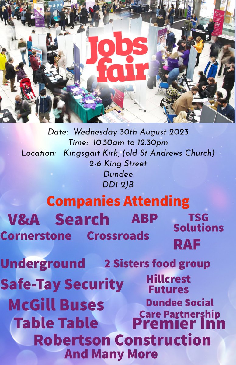 Dundee Jobs Fair 30/08/23! @DWPgovuk are hosting an event at Kingsgait Kirk (2-6 King Street, DD1 2JB) with a range of employers looking for staff. See posters for details. @AllInDundee @DundeeEmploy @DiscoverOps #dundee #jobsfair #employers #recruitment #jobsearch