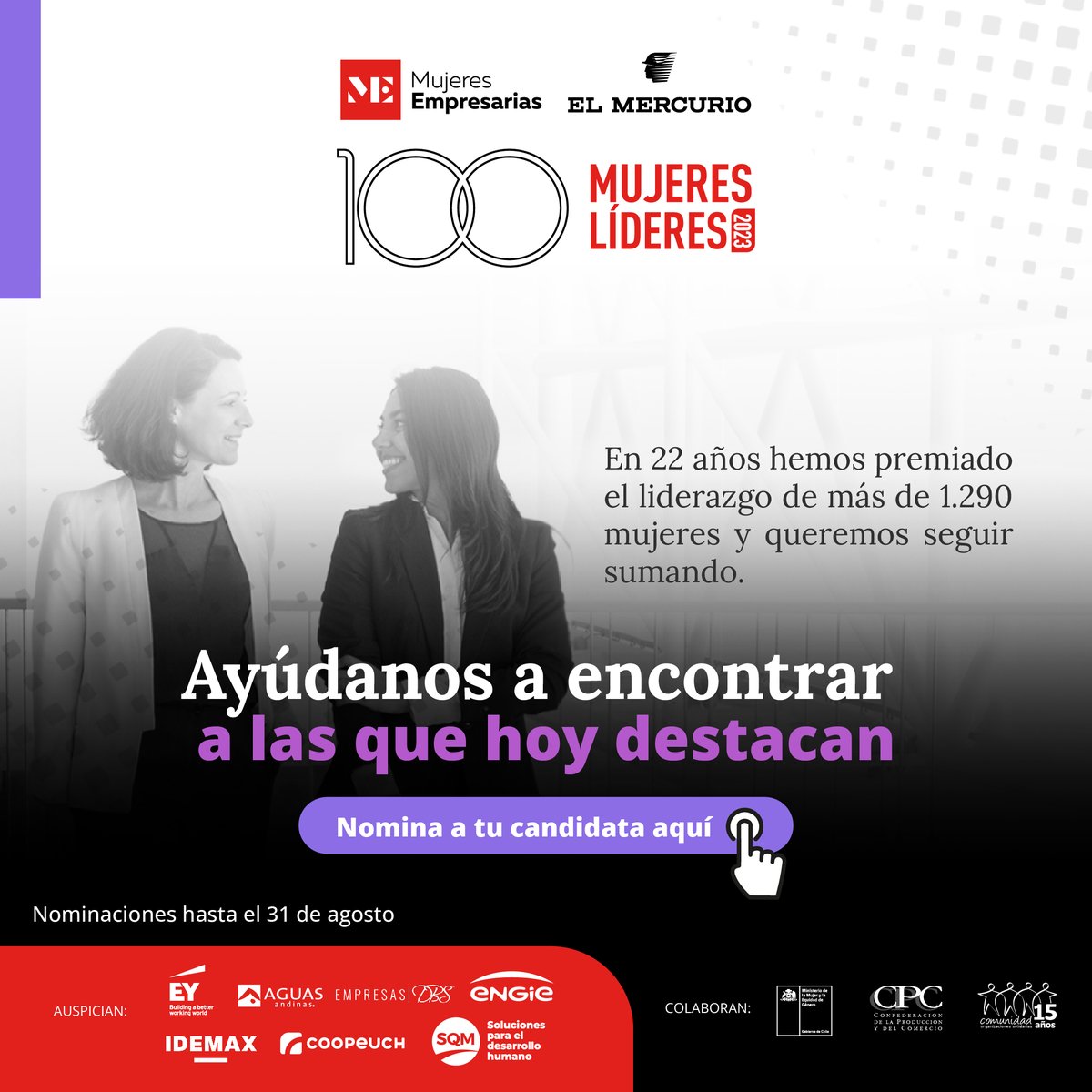 💫Incorporar la mirada femenina en la toma de decisiones trae múltiples beneficios. Queremos reconocer a las que hoy destacan e inspiran a las que vienen. Busquemos juntos a las mujeres líderes de Chile 2023. Nomina a tu candidata aquí lnkd.in/e4gHNZ96