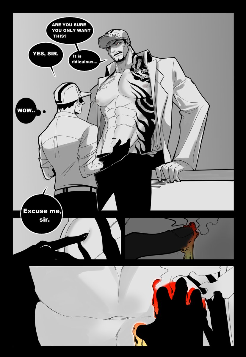 MosasaurSun's tweet photo. ⚠️MOBxSakazuki🌋
It is about a guy who completes a super difficult task, and it was the only reward he wanted. 
Weird but gentle I think.......😅
6Page(1-3) https://t.co/aOOujCxq0e