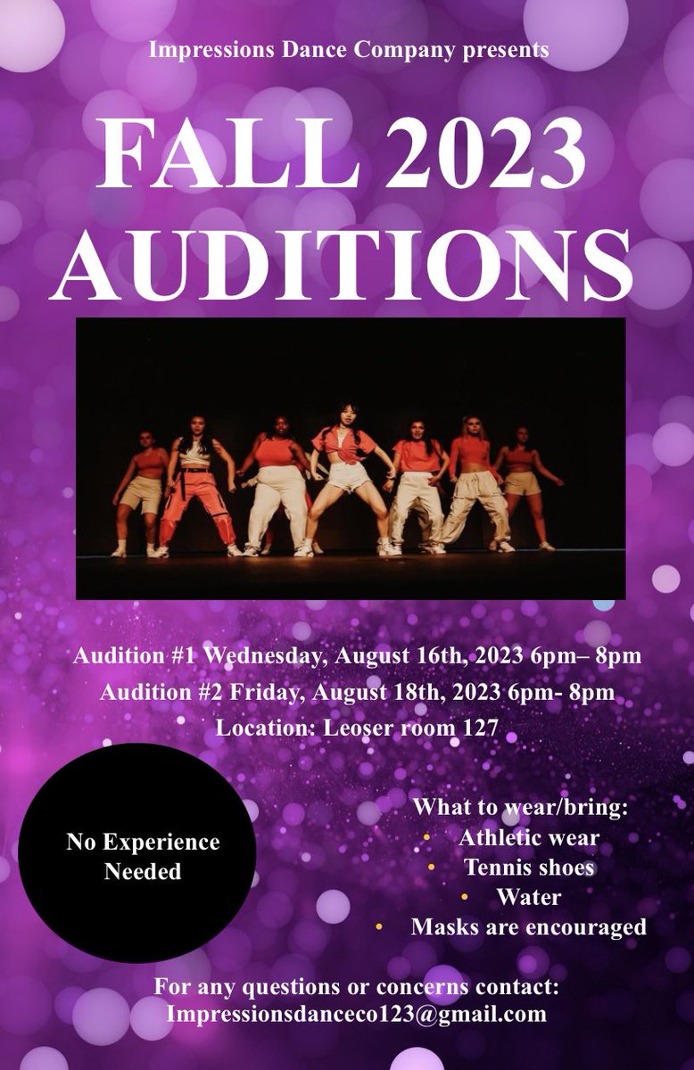 Auditions are today! Be sure to bring water, wear tennis shoes, and get ready to learn some new moves! We can’t wait!