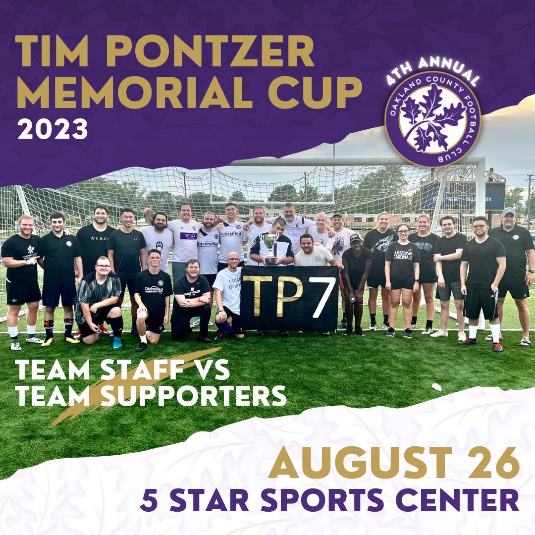 On Saturday, August 26, we'll be hosting our 4th annual Staff vs Supporters match! The match starts roughly around 5:00 PM at <a href="/5starsportstc/">5 Star Sports & Training Center</a> (312 Park St, Troy, MI 48083).

RSVP at bit.ly/2023StaffvsSup… to reserve your spot! All are welcome! 🏆

#TP7 | #BleedPurple