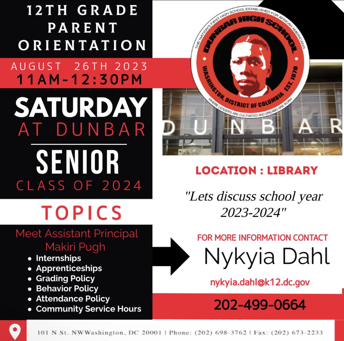 DunbarHSDC's tweet image. Good day Dunbar 12th Grade community! Join us on Saturday, August 26th, 2023 from 11am-12:30pm to discuss the upcoming school year! 🔴⚫️
#EverydayAtDunbar #WeWorkForKids
