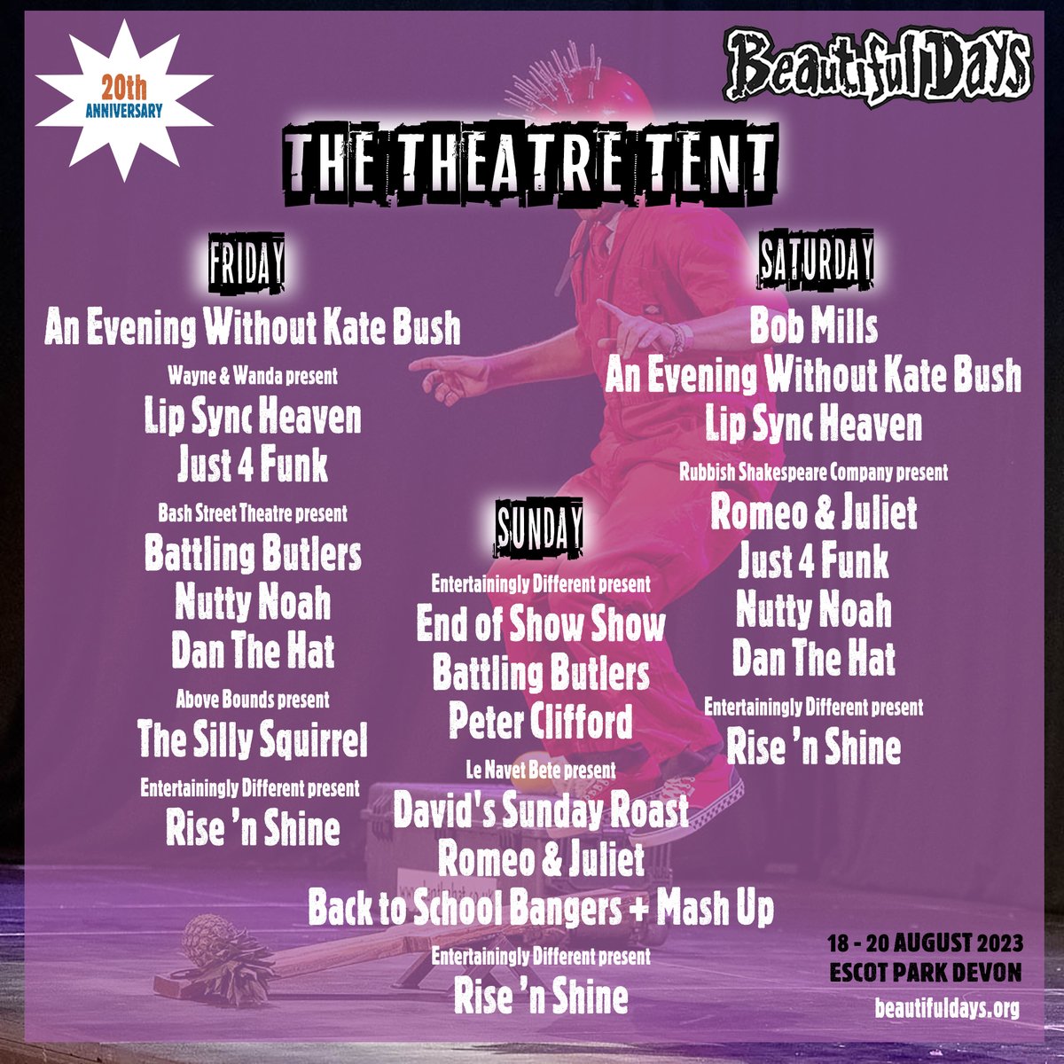 Happy to share the line-up for our Theatre Tent 💃🎭 A fully seated venue in Redwoods with a programme of theatre, dance, comedy, magic and mayhem throughout the weekend! #BD2023