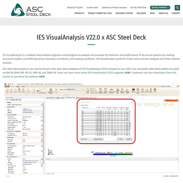 You can find ASC Steel Deck products in IES VisualAnalysis newest version, V22.0. IES VisualAnalysis enables engineers & designers to analyze and evaluate the behavior and performance of structural systems. Learn more at bit.ly/3OtZusf
#SteelDeck #BuildWithSteel