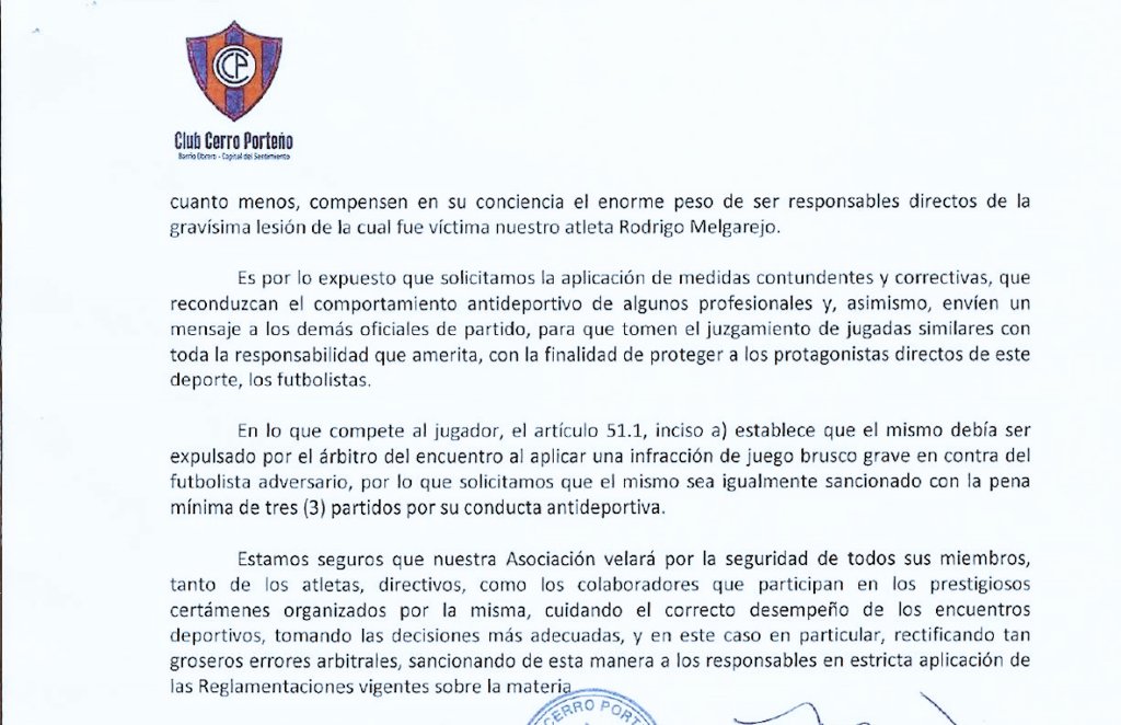 Danymacica's tweet photo. Anticipo:
Cerro Porteño presenta denuncia formal en el Tribunal Disciplinario de la APF contra el Jugador Fernando Cardozo, y comtra los árbitros y asistentes que estuvieron en el clásico.
La nota presentada 👇🏻
🔵🔴💪🏻🇵🇾 https://t.co/VmhIzs5GxI