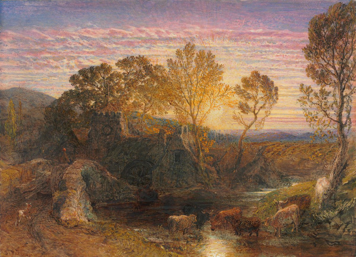 The Golden Hour [Known also as " The Glorious Sunset] 1865
Watercolor and gouache
<a href="/ClevelandArt/">The Cleveland Museum of Art</a> 

“Though heaven and earth with August glow, Our island streams unstinted flow"

#SamuelPalmer