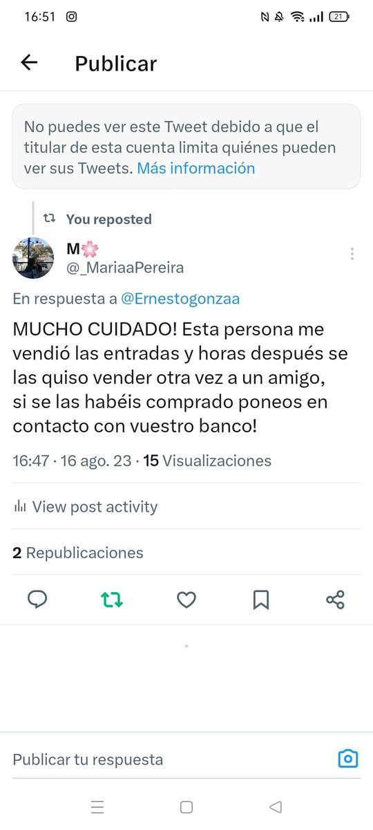 _MariaaPereira's tweet photo. CUIDADO! Esta persona me vendió las entradas para David Guetta en Vigo y se las quiso vender a un amigo otra vez horas después, al contestar a su tweet me ha bloqueado, si alguien más se las ha comprado que se ponga en contacto con su banco! https://t.co/fAMwKOHeB8