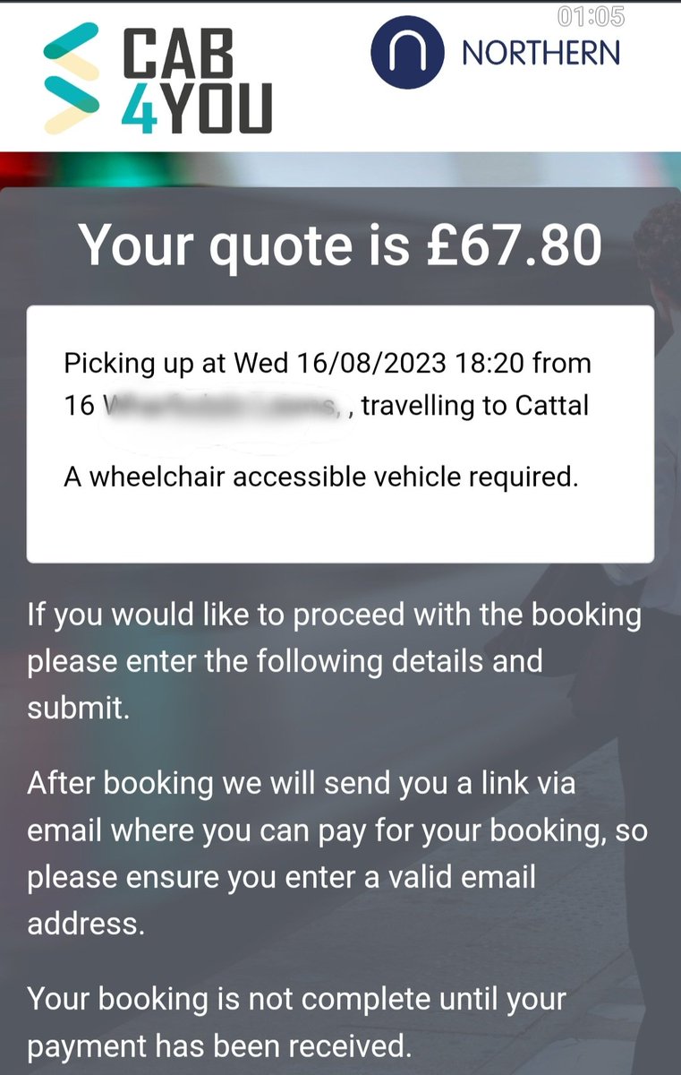 Hey <a href="/northernassist/">NORTHERN 🚆</a>
Could you explain why it is £68 to travel with a wheelchair, compared to £27 without, on your partnership-provided taxi service, advertised through your website?
Ludicrous offensive and illegal discrimination. 
<a href="/railandroad/">ORR</a> @Matt_the_Yorkie
