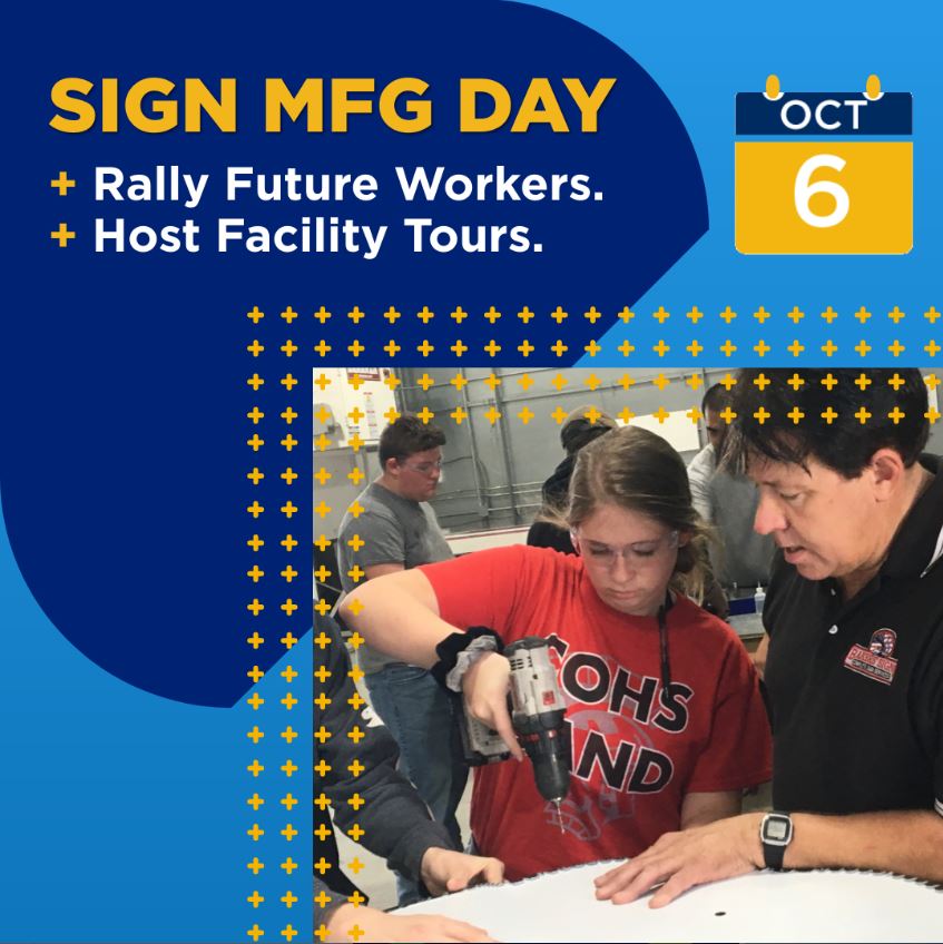 SACACE's tweet image. It's back-to-school season, which means it's time to prepare for #SignMFGDay2023! Connect with educators about hosting their classrooms for facility tours at your company. To learn more about #SignMFGDay, visit: signs.org/mfgday

#manufacturingday #mfgday2023 #sac-ace