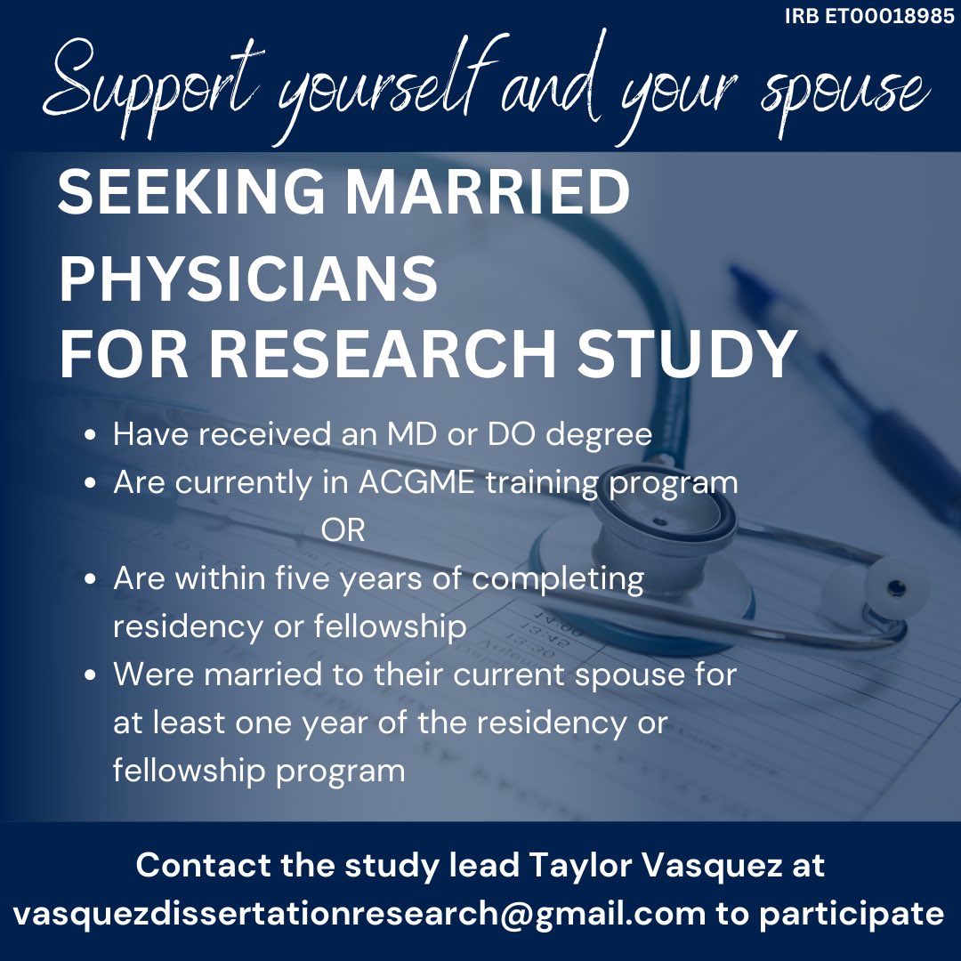 Taylor Vasquez (@taylorsvasquez) on Twitter photo 🚨Recruiting Married Physicians!🚨either currently in or w/i 5 years of completing training to participate in an interview about relational challenges and communication strategies used to manage stress. DM me to participate! #MedTwitter #MedEd #HealthComm <a href="/AcademicChatter/">Academic Chatter™</a> 🚨Recruiting Married Physicians!🚨either currently in or w/i 5 years of completing training to participate in an interview about relational challenges and communication strategies used to manage stress. DM me to participate! #MedTwitter #MedEd #HealthComm <a href="/AcademicChatter/">Academic Chatter™</a>