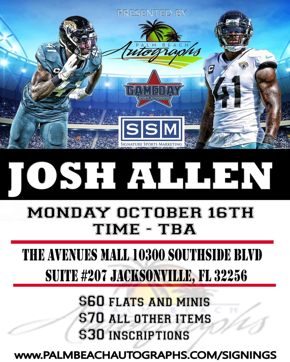 Come meet @JoshAllen41_ and get something signed and take a picture with the best DE in the league. He is so good with the fans and loves kids. Bring the whole family out to Avenues Mall @pbautographs . I will see you guys there. Duuuuuval