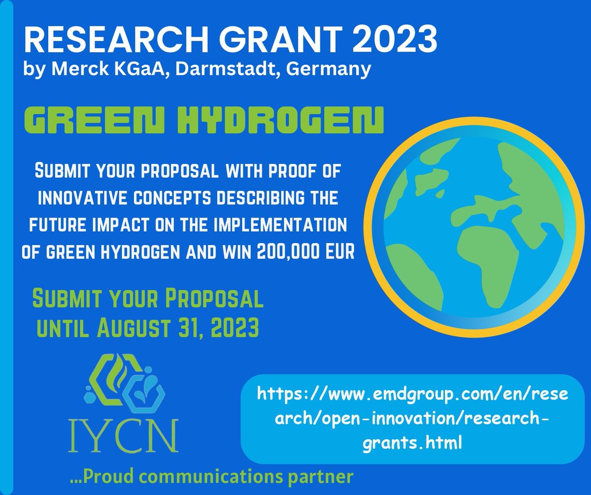 Exciting News! @‌merckgroup 2023 Stimulating Innovative Research Grant – Green Hydrogen is now open until Aug 31, 2023! Aims to foster cutting-edge projects that accelerate development and implementation of green H2 technologies. Scientists in all research stages are welcome!