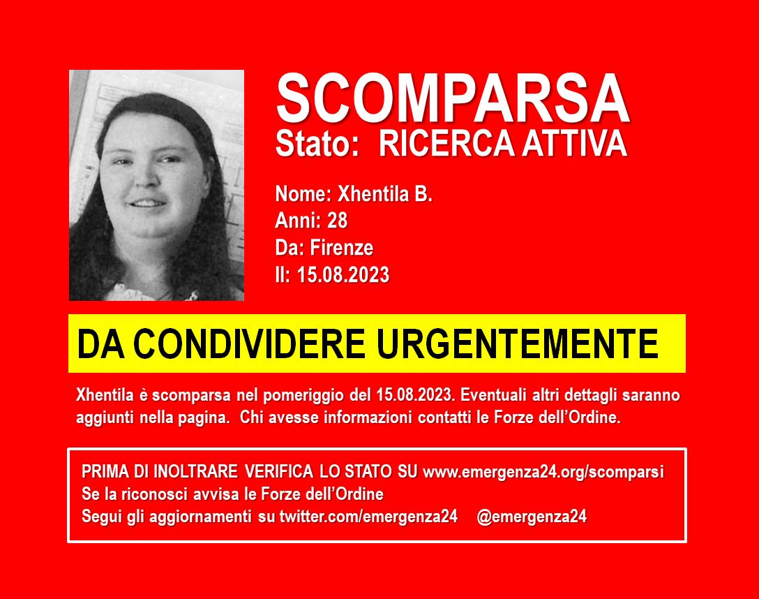 URGENTE [16.08-17:30] CERCHIAMO DONNA (28 anni) #SCOMPARSA da #Firenze il 15.08.2023 - Informazioni e aggiornamenti: goo.gl/tKHsXK