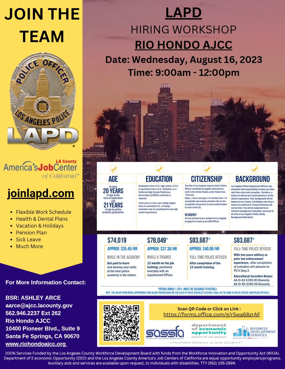 LAPD HIRING WORKSHOP!
Do you want information on how to become a Deputy Sheriff? Join the Los Angeles County Seriff's Department. Come and register here at the Rio Hondo AJCC
Have questions? LAPD will be here today Wednesday August 16th from 9am to 12pm. Join the LAPD. #LAPD