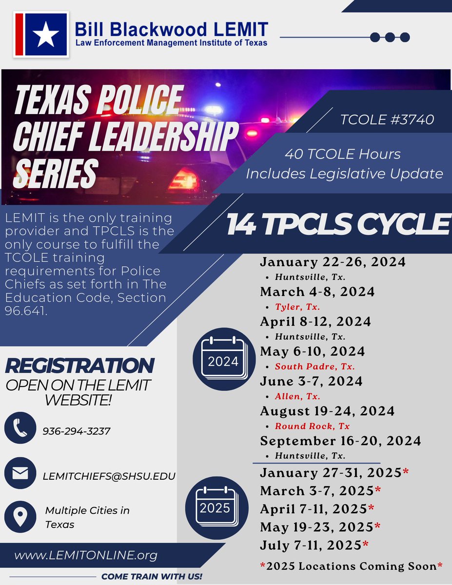 We are excited to announce that the Texas Police Chief Leadership Series registration is now open for 2024!
Registration for 2025 classes will open later in the training cycle.
To register for 2024 classes please follow the link. lemitonline.org/programs/?mode…