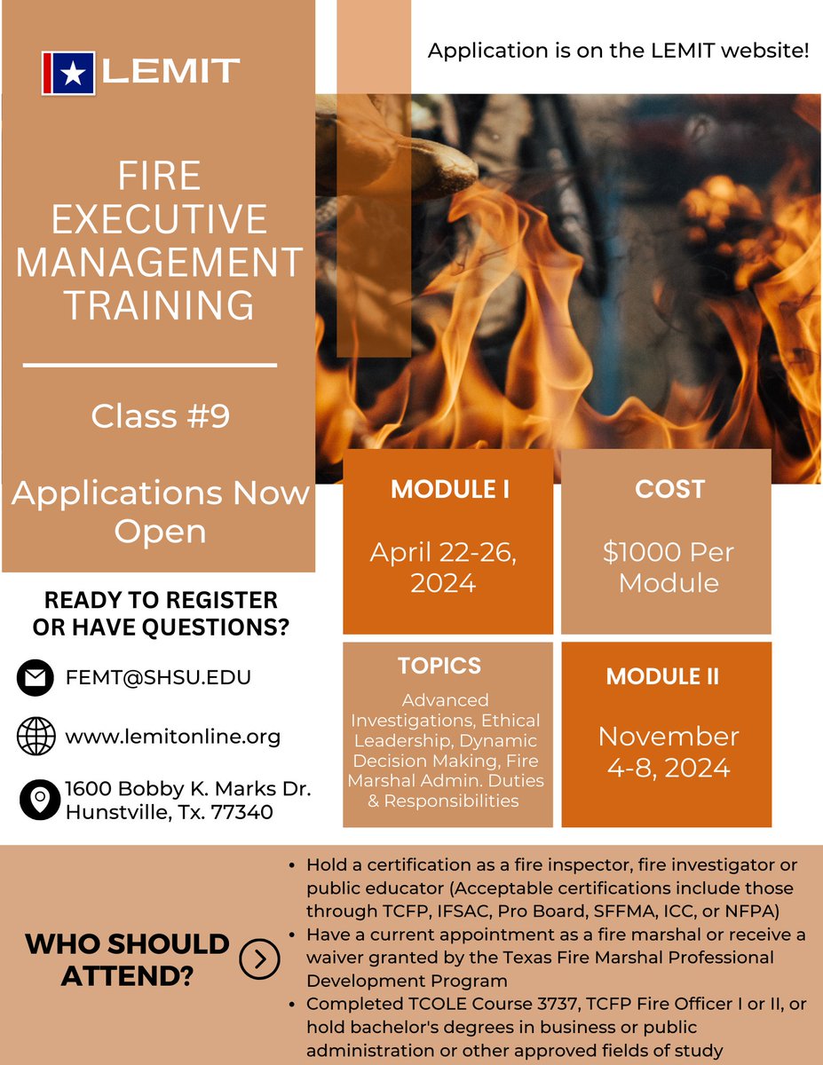 Fire Executive Management Training class # 9 applications are now open! For any questions or to apply, please use the link below. lemitonline.org/calendar/index…