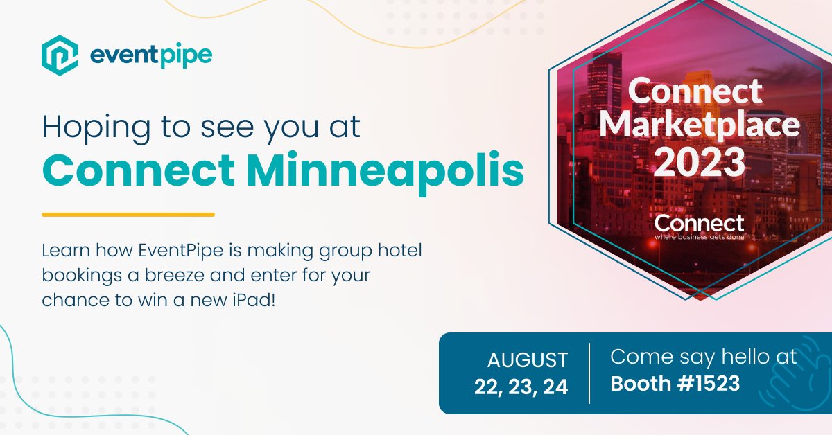 We're less than a week away from <a href="/connectmeetings/">Connect</a> Marketplace in Minneapolis! 👏

Are you going? Don't forget to chat with EventPipe at booth #1523 to learn how we're making group hotel bookings a breeze &amp; enter for your chance to win a new iPad.

Hope to see you there! 👋
