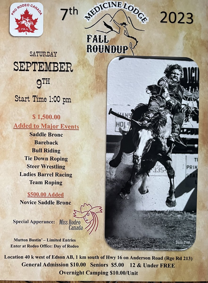 On September 9, 2023 the 7th Medicine Lodge Fall RoundUp pro-rodeo event will be coming to the our backyard at the Medicine Lodge rodeo grounds. Come join us and cheer on your Canadian cowboys &amp; cowgirls.