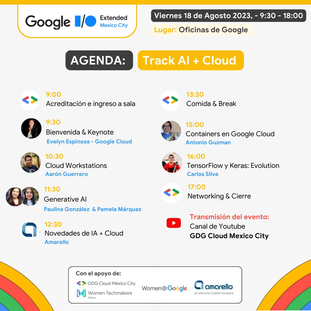 GDG_CloudMx's tweet photo. ☁️ Tenemos agendas listas para #GoogleIOExtendedMexico ☁️
🗓 Fecha: Viernes 18 de Agosto
⏰ Hora: 9:30 - 18:00
📍 Lugar VIRTUAL: https://t.co/dfcRRMvptS
🎯 Registro: https://t.co/1S2AFhJJwC
#GDG #Cloud #GoogleCloudInnovators #IO2023 #GDE #GoogleIO @googlemexico https://t.co/IL7ATaZ4L3