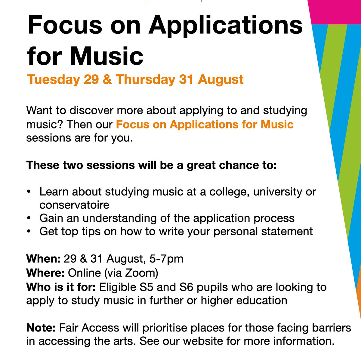🟠 FOCUS ON APPLICATIONS: MUSIC
🗓 Tue 29 &amp; Thur 31 Aug

Want to discover more about applying to and studying music? Join our sessions where you'll learn about applying to and studying music and how to write a great personal statement.

Find out more here: bit.ly/foa-music-23