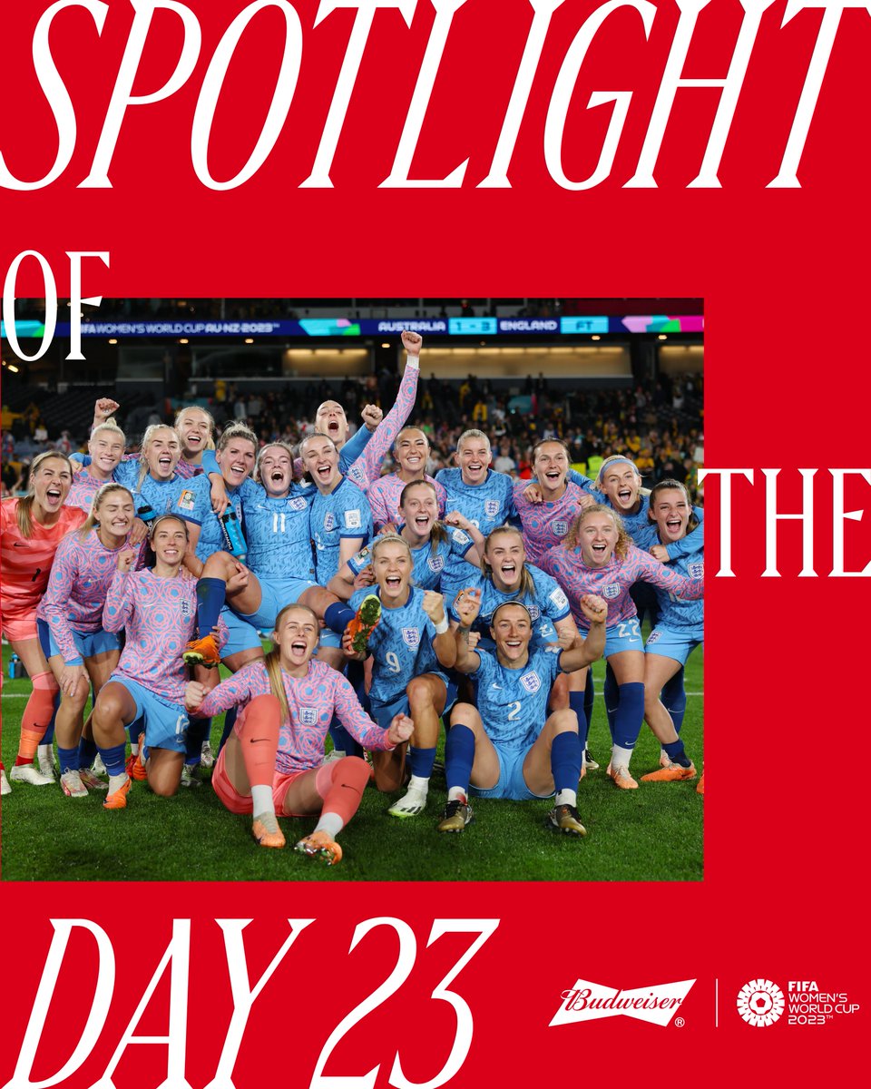 FIFAWWC's tweet photo. 🦁 57 YEARS IN THE MAKING 🦁

England made history as they booked their place in a @FIFAWorldCup final for the first time since '66!

Past #FIFAWWC heartbreaks forgotten, Alessia Russo's clinical finish to make it 3-1 was the icing on top. An epic win over the hosts and today's #SpotlightOfTheDay 🔥

@Budweiser