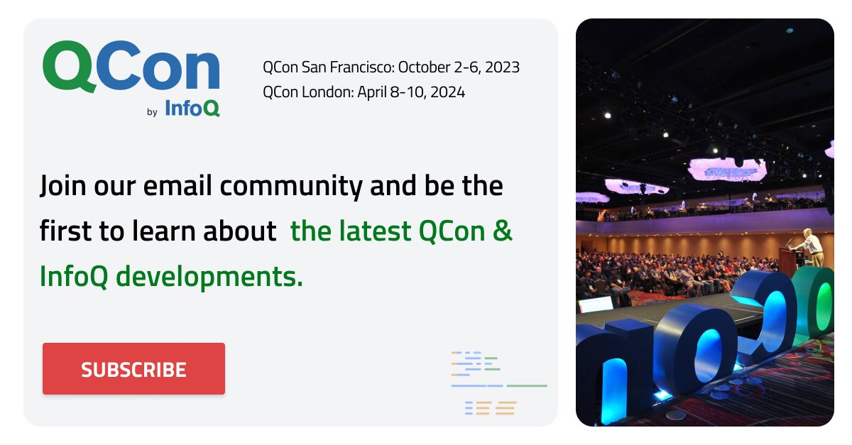 QCon's tweet image. 🧐 Do you want to stay updated with upcoming #QCon software events?

📩 Sign up to get updates and hear about the latest developments as they are announced.

Link in bio. 

#SoftwareConference #SoftwareDevelopment #SoftwareArchitecture #QConSF #QConNY #QConLondon #EmergingTrends