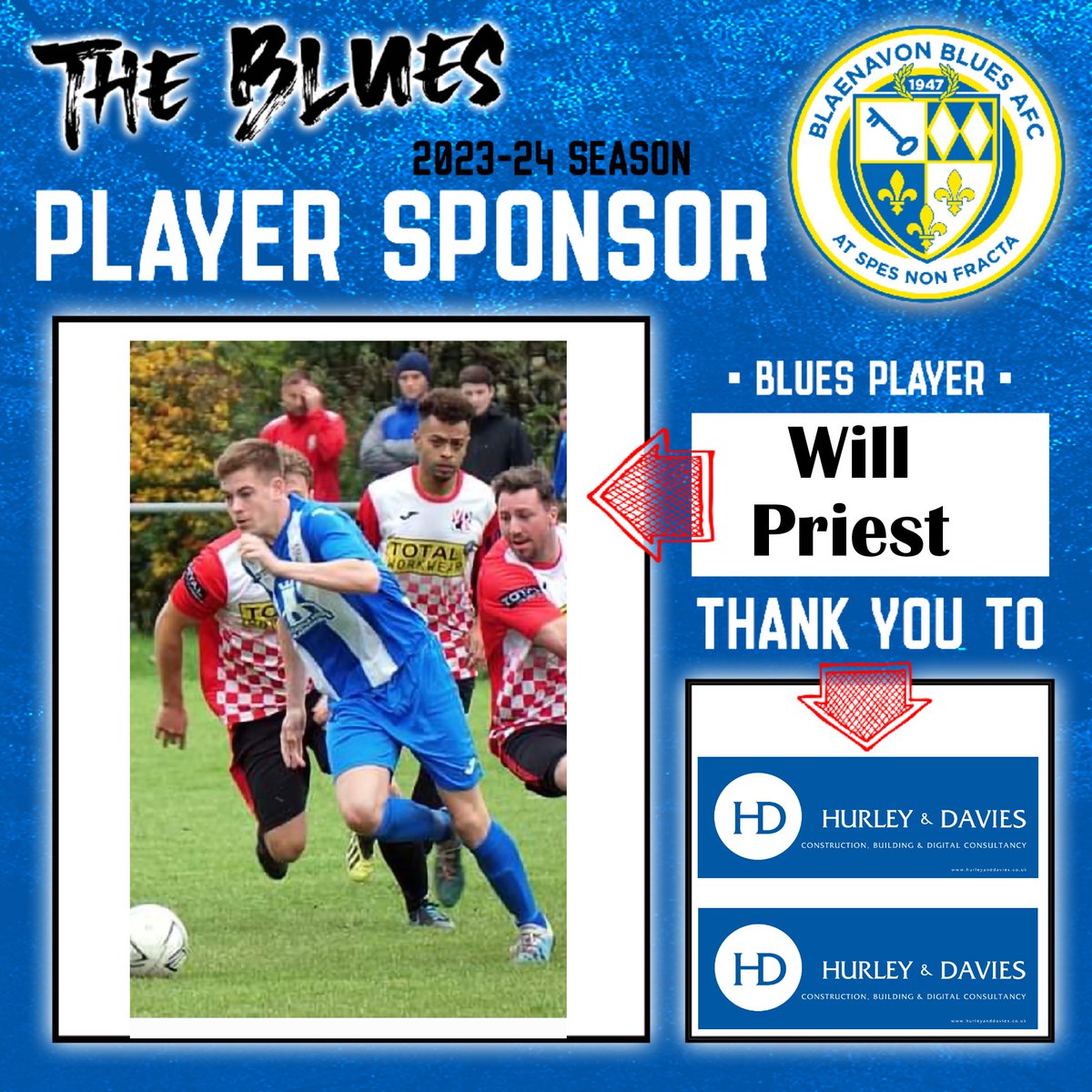 blaenavonblues's tweet photo. Player Sponsor! 

Midfielder Will Priest will be sponsored by Hurley and Davies this season! 

Email: contactus@hurleyanddavies.co.uk
Tel: 01495 758 111 

Big thanks to them for supporting Will and Blaenavon Blues Afc in the Ardal Southern League in 2023/24! https://t.co/oJtHAIVpm1