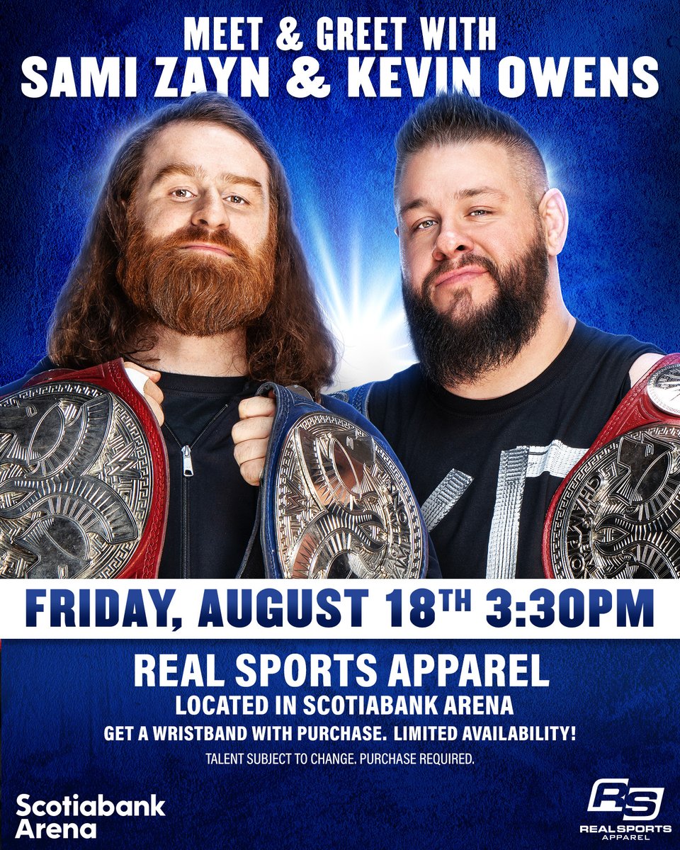 WWEUniverse's tweet image. Come meet Undisputed WWE Tag Team Champions @SamiZayn and @FightOwensFight this Friday in Toronto! This limited capacity meet & greet will be taking place at the Real Sports Apparel store at @ScotiabankArena at 3:30pm! bit.ly/45e0FmU