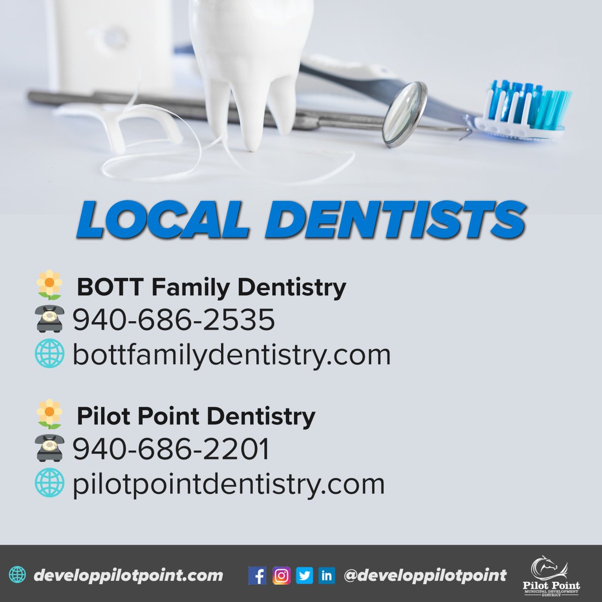 A key part of overall health this #NationalWellnessMonth is your teeth. Having proper dental care and treatment is crucial to overall wellness, in reducing risks of heart disease and various cancers.

Keep those teeth sparkling white with these local dentists! #developpilotpoint