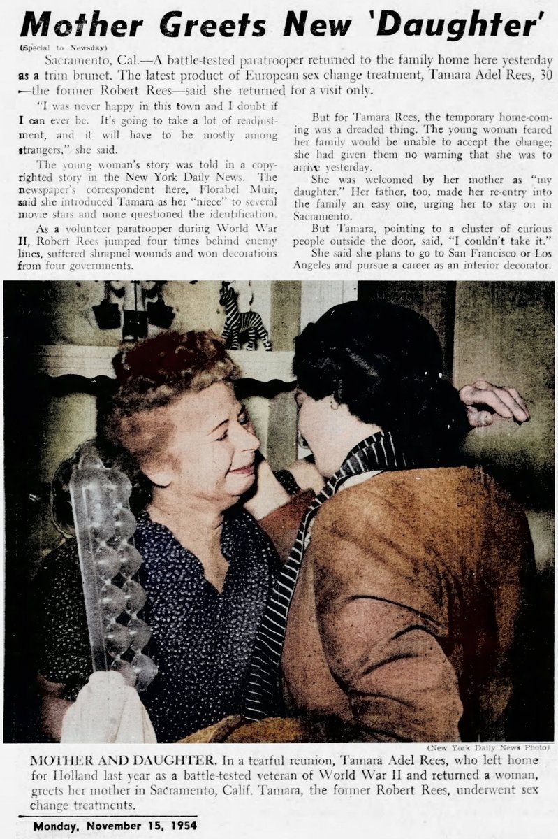 30-year-old Tamara Rees showed what trans empowerment looked like in 1954. She fought Nazis, taught parachuting, and traveled the world... but her biggest hurdle came when the press learned of her identity. I colorized these photos of her shortly after she returned from surgery.