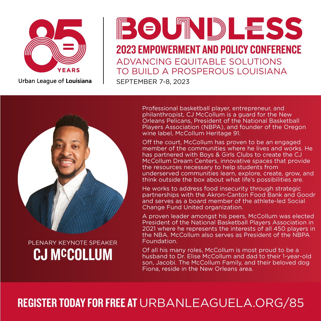 NBA Star @3JMcCollum is coming off the court and LIVE to our Empowerment & Policy Conference! Join us on Sept 7-8 to hear about how he uses his resources/platforms to advocate for social justice & wealth creation in marginalized communities. Register today urbanleaguela.org/85