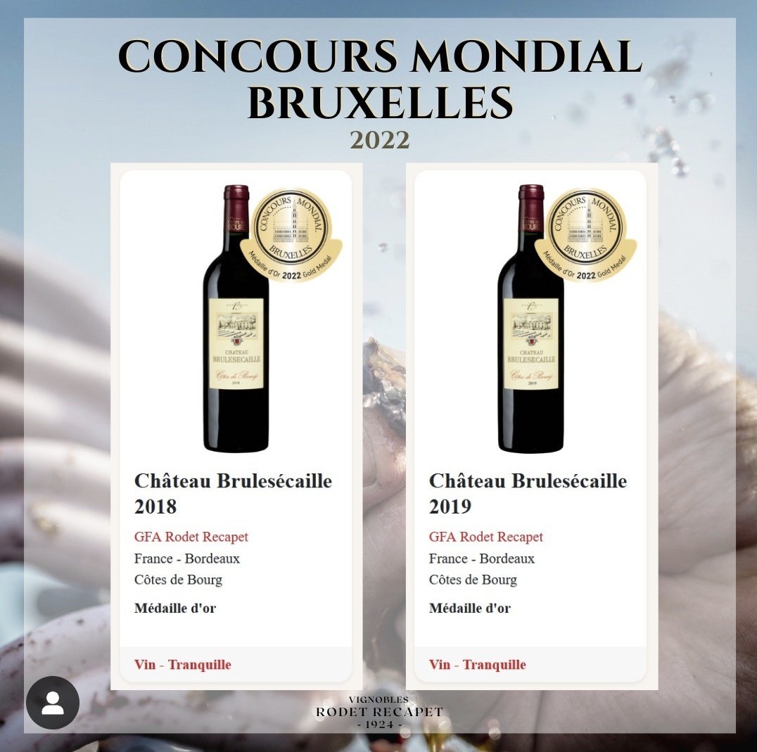 BruleSecaille's tweet photo. Concours Mondial Bruxelles 2022
@concoursmondial 
Médailles d'or :
Château BruleSécaille 2018 et 2019 https://t.co/zfdwyvDWO4