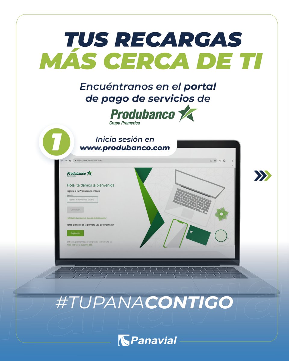 Panavial_ec's tweet image. 📢 ¡Atención usuarios de #Panavial! ¡Recargar tu #TelePass nunca ha sido tan fácil!
Ahora puedes hacer tus recargas a través de la app y la banca virtual de #Produbanco.
Solo debes seguir estos sencillos pasos: