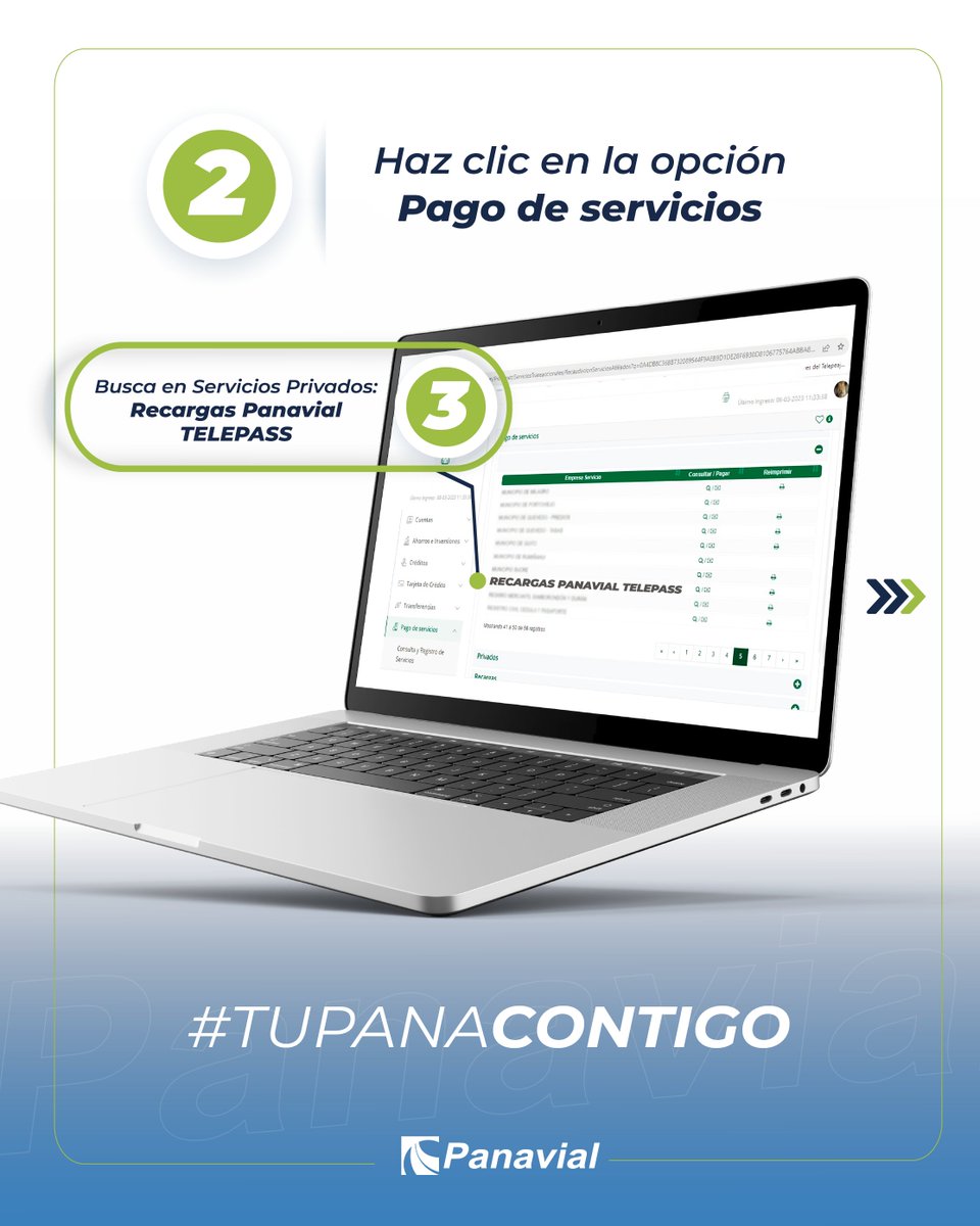 Panavial_ec's tweet image. 📢 ¡Atención usuarios de #Panavial! ¡Recargar tu #TelePass nunca ha sido tan fácil!
Ahora puedes hacer tus recargas a través de la app y la banca virtual de #Produbanco.
Solo debes seguir estos sencillos pasos: