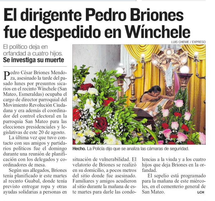 relicheandres's tweet photo. Al dirigente Pedro Briones, de la Revolución Ciudadana, lo asesinaron vilmente, a casi una semana del asesinato de F. Villavicencio. La diferencia entre los dos crímenes es que el 2do no tuvo la amplia cobertura mediática y que nadie culpó a los contrincantes políticos del suceso https://t.co/tURjmfd164