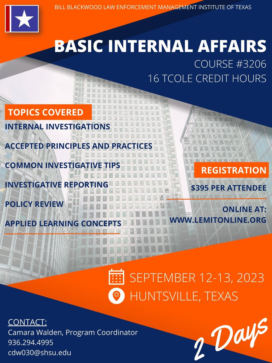 We still have spots left for the Basic Internal Affairs training in September! Registration is quick, easy, and online at lemitonline.org. Hope to see you soon!