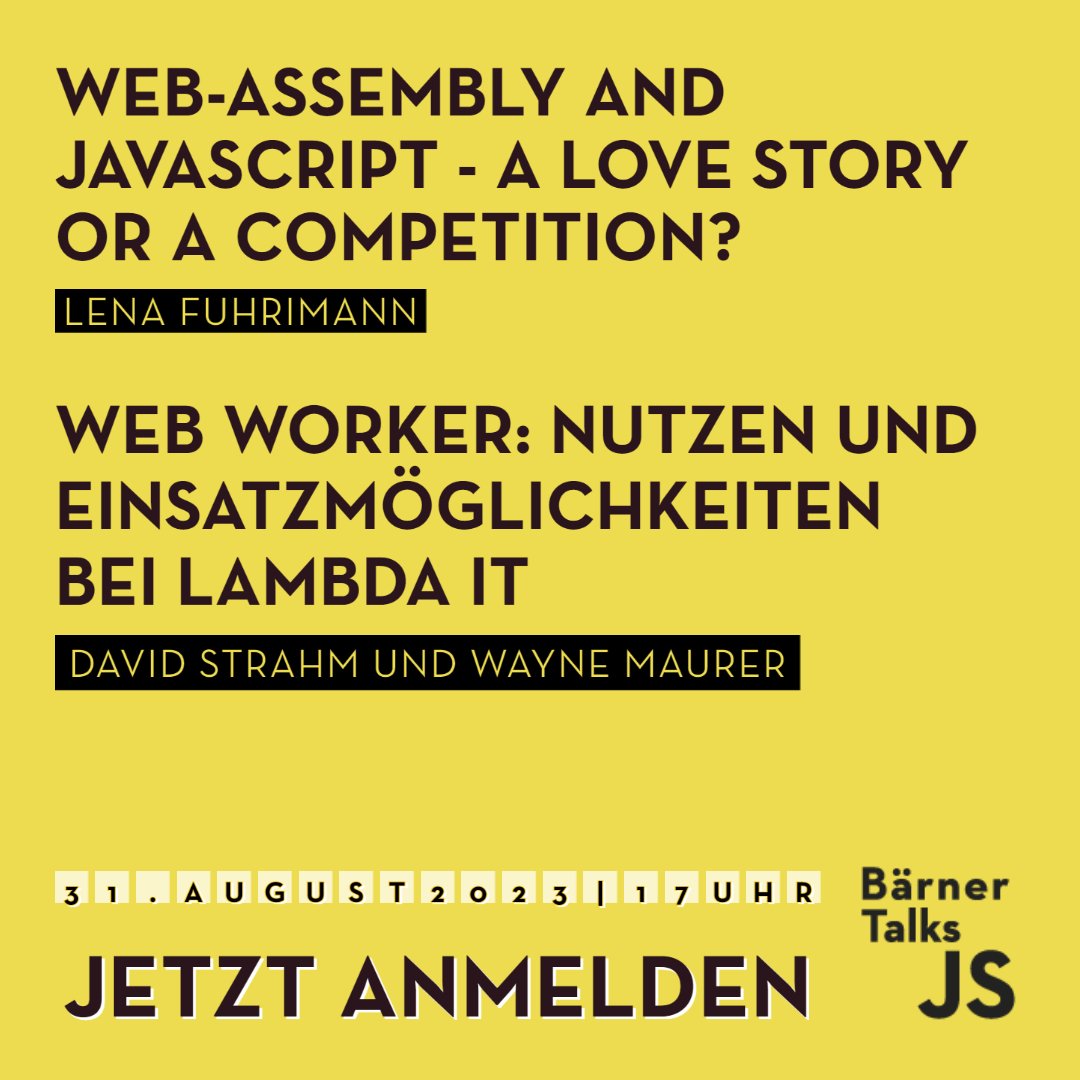 Bald geht's wieder los: Am Donnerstag, 31. August um 17 Uhr findet das nächste BärnerJS bei @Lambda_IT
im Liebefeld statt.   

🚀Jetzt anmelden via Meetup meetup.com/barner-js-talk……

<a href="/waynemaurer/">Wayne Maurer</a> @bespinian #webassembly #webworker #javascript #meetup