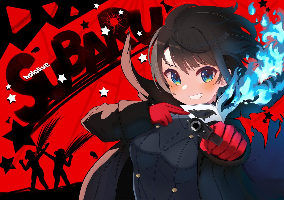 amamiya ren ,oozora subaru cosplay smile gloves short hair weapon red gloves gun  illustration images
