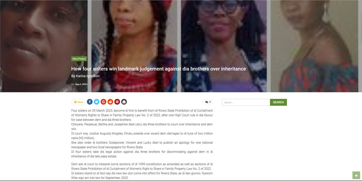 Stories we like to read!
<a href="/BBCAfrica/">BBC News Africa</a>'s <a href="/karinainemo/">karina </a> told the story of the triumph of four sisters who became the first beneficiaries of Rivers State Prohibition of the Curtailment of Women’s Right to Share in Family Property Law No. 2 of 2022.

Read👉 bit.ly/44ezcjw
#FRLP