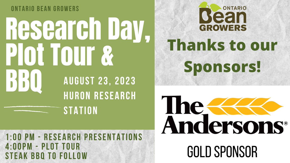 OntBeanGrowers's tweet photo. Thanks to @AndersonsCanada for sponsoring our upcoming Research Day on August 23rd at the Huron Research Station.

Registration is closed.  If you are interested in attending and have not registered, Email jennifer@ontariobeans.on.ca. https://t.co/F9Zn6fCj8g