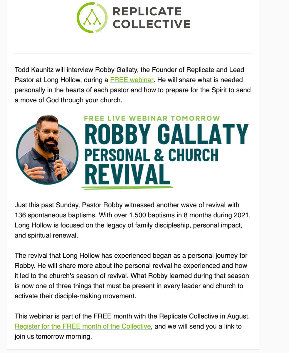 Let me encourage you to join me and  @toddkaunitz tomorrow at 11 am for a conversation on Revival and spiritual awakening. You can can sign up for a free month of the Replicate collective as well. replicate.org/claim-your-fre…