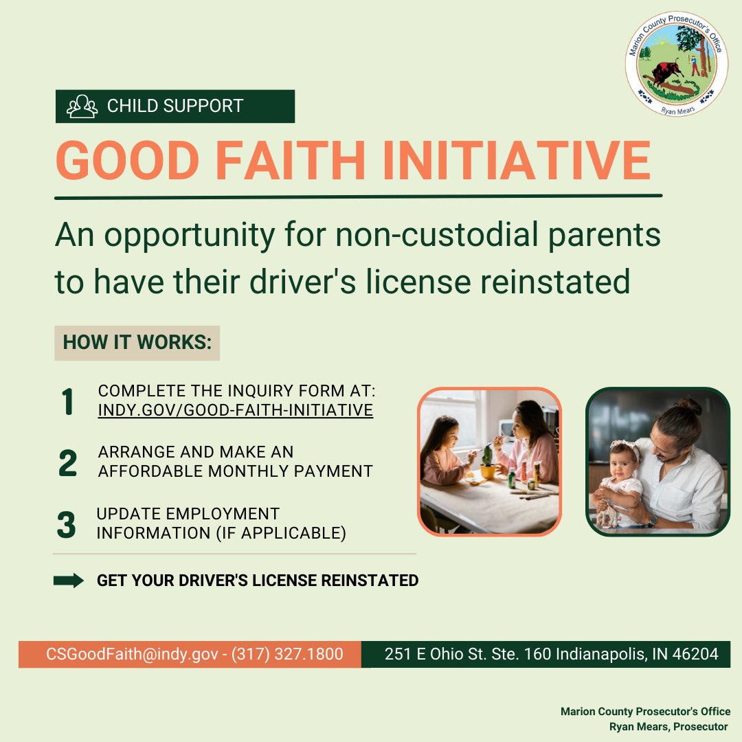 We offer many programs to assist and support residents. Our Good Faith Initiative was created to help noncustodial parents make affordable child support payments & have their driver’s license restored. Outlined below is how you can begin the process toward having a valid license.