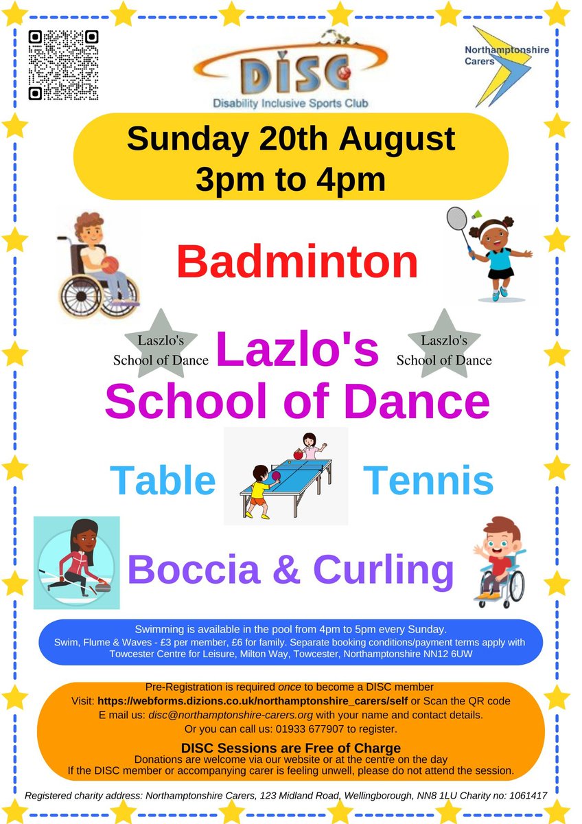 This Sunday 20th August 3pm to 4pm enjoy badminton, dancing, table tennis and more at Towcester Center for Leisure with Disc
