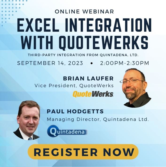 Quintadena (@quintadena_ltd) on Twitter photo Join our webinar with Paul Hodgetts Managing Director of <a href="/Quintadena_Ltd/">Quintadena</a> Ltd and Brian Laufer, Vice President at <a href="/QuoteWerks/">QuoteWerks</a> to see a demonstration of the benefits of the #Excel integration for QuoteWerks. Book your place now for September 14th 7-8pm BST! lnkd.in/ep-_5u-N Join our webinar with Paul Hodgetts Managing Director of <a href="/Quintadena_Ltd/">Quintadena</a> Ltd and Brian Laufer, Vice President at <a href="/QuoteWerks/">QuoteWerks</a> to see a demonstration of the benefits of the #Excel integration for QuoteWerks. Book your place now for September 14th 7-8pm BST! lnkd.in/ep-_5u-N