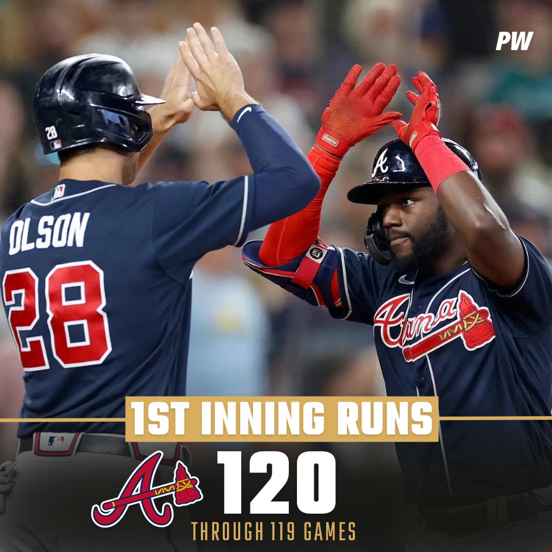 PlayersWrldX's tweet photo. After a Marcel Ozuna 3 run homer in the 1st inning against the Yankees last night, the Atlanta Braves have now scored 120 runs through 119 games this season 

Is this the best offense EVER? #MLB #Braves https://t.co/8x8yR266VF
