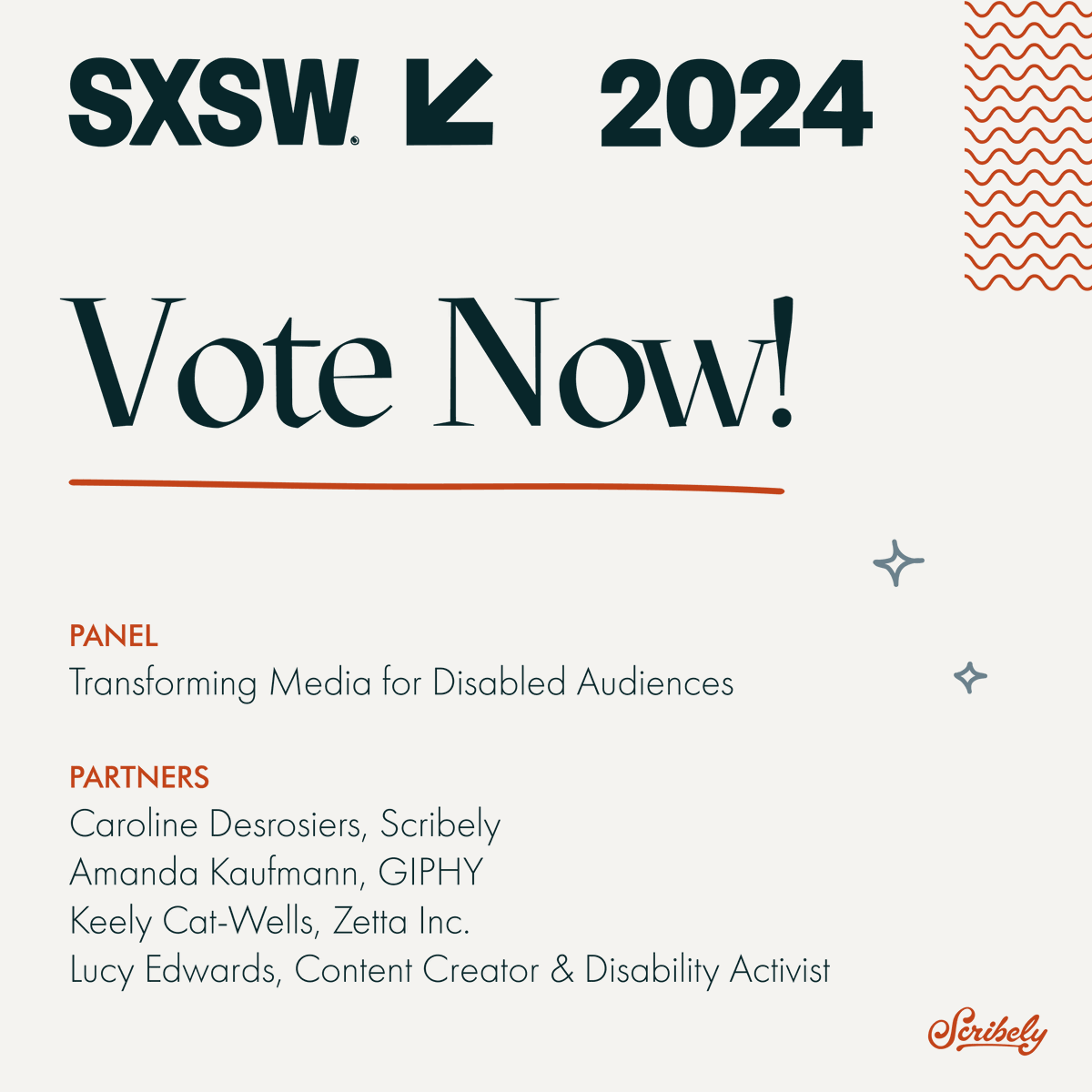 HelloScribely's tweet photo. How do we build more awareness around the #accessibility of media? By talking about it in front of large audiences! Help us, along with @GIPHY, @KeelyCatWells, and @LucyEdwards, bring a panel discussion to #SXSW 2024 by voting here: https://t.co/mAJ8G46ABj https://t.co/RbCeUVabLy