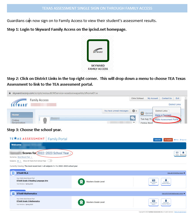Guardians can now sign on to Skyward Family Access to view their student’s 2023 STAAR or STAAR-EOC assessment results.